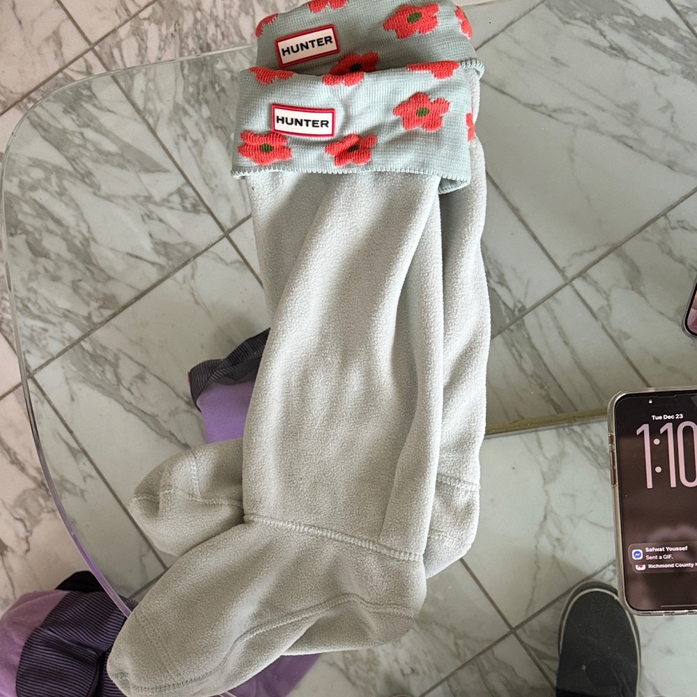 Hunter Gray Fleece Socks with Red Floral Cuff
